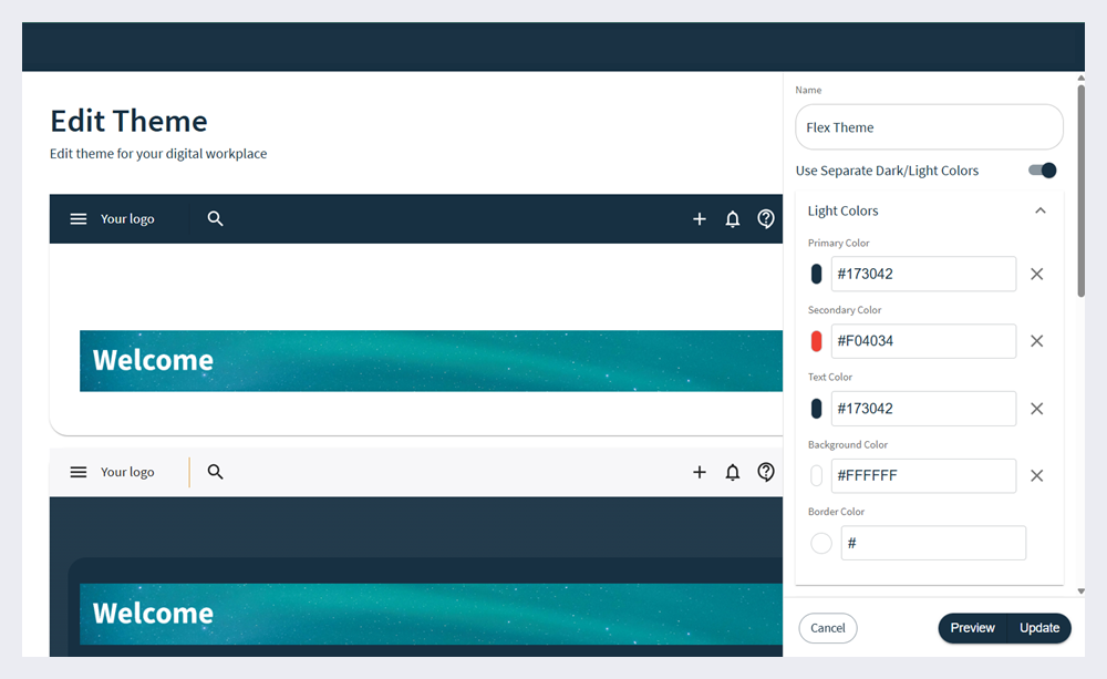 Edit theme page with examples of theme.
