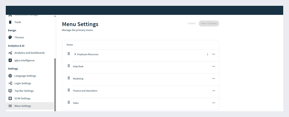 The Menu Settings page in Admin Settings.