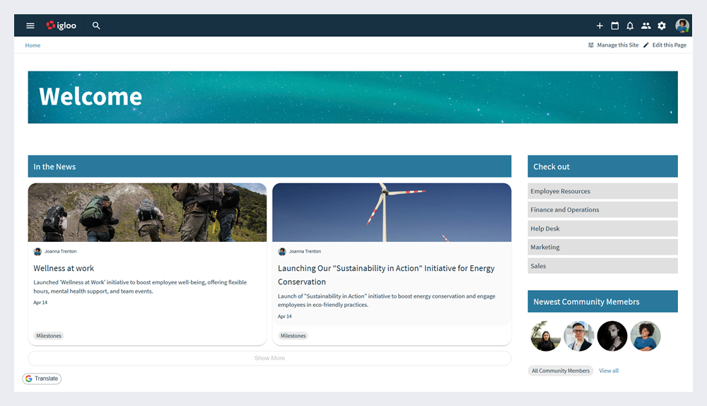 An example of a digital workplace homepage.