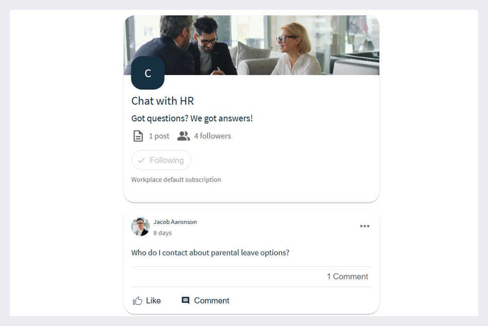 Workplace default subscription to a social post feed.