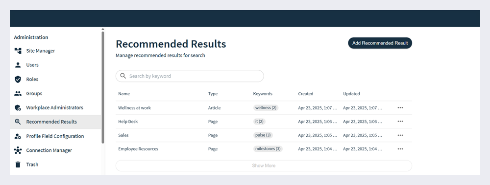 Recommended Results page in Admin Settings.
