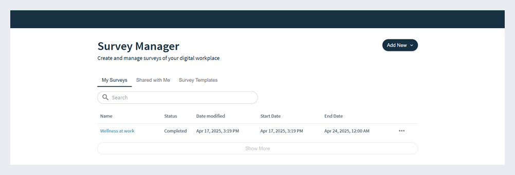The Survey Manager with one survey.