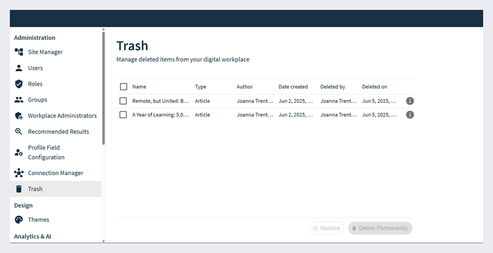 The Trash page in Admin Settings.