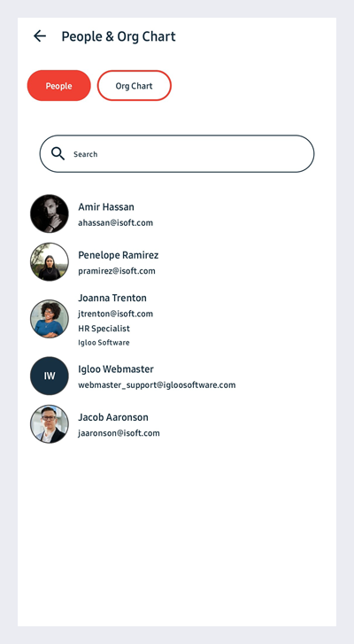 The People Tab in Igloo Flex Mobile app's People Directory.