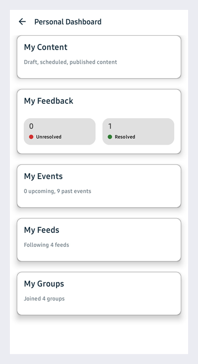 The Personal Dashboard in the Igloo Flex Mobile app.