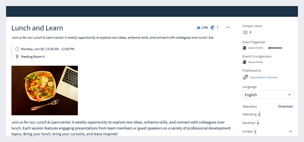 Event page with arrow pointing to the event organizer.