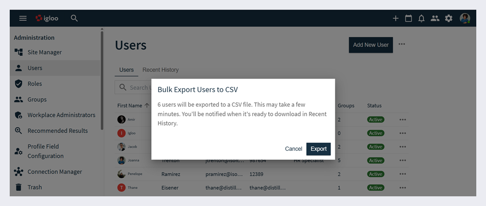 Bulk User Export Prompt on Users page.