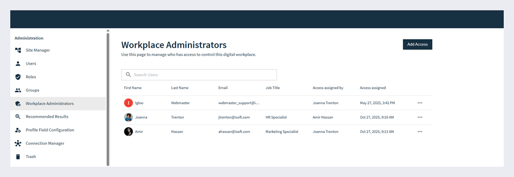 The workplace administrators page in Admin Settings.