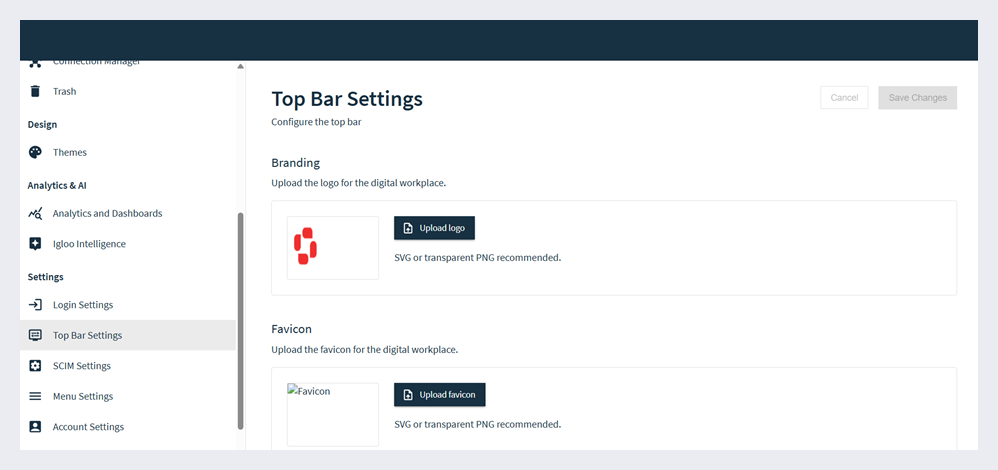 The Top Bar Settings page in the Admin Settings.