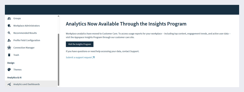 Analytics and Dashboards page in Admin Settings.